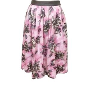 Odille For Anthropologie Pink Floral Pleated A-Line Skirt Contrasting Waistband
